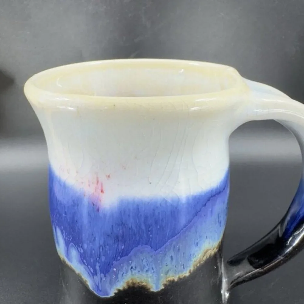 Vintage 1999 Hand Made Pottery Coffee Mug Cup Drip Glaze Large Handle Cup Signed